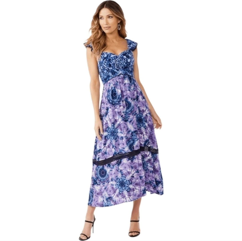 Tie Dye Mandala Maxi Dress Purple Blue Ruffle Sleeve Smocked Back Boho L